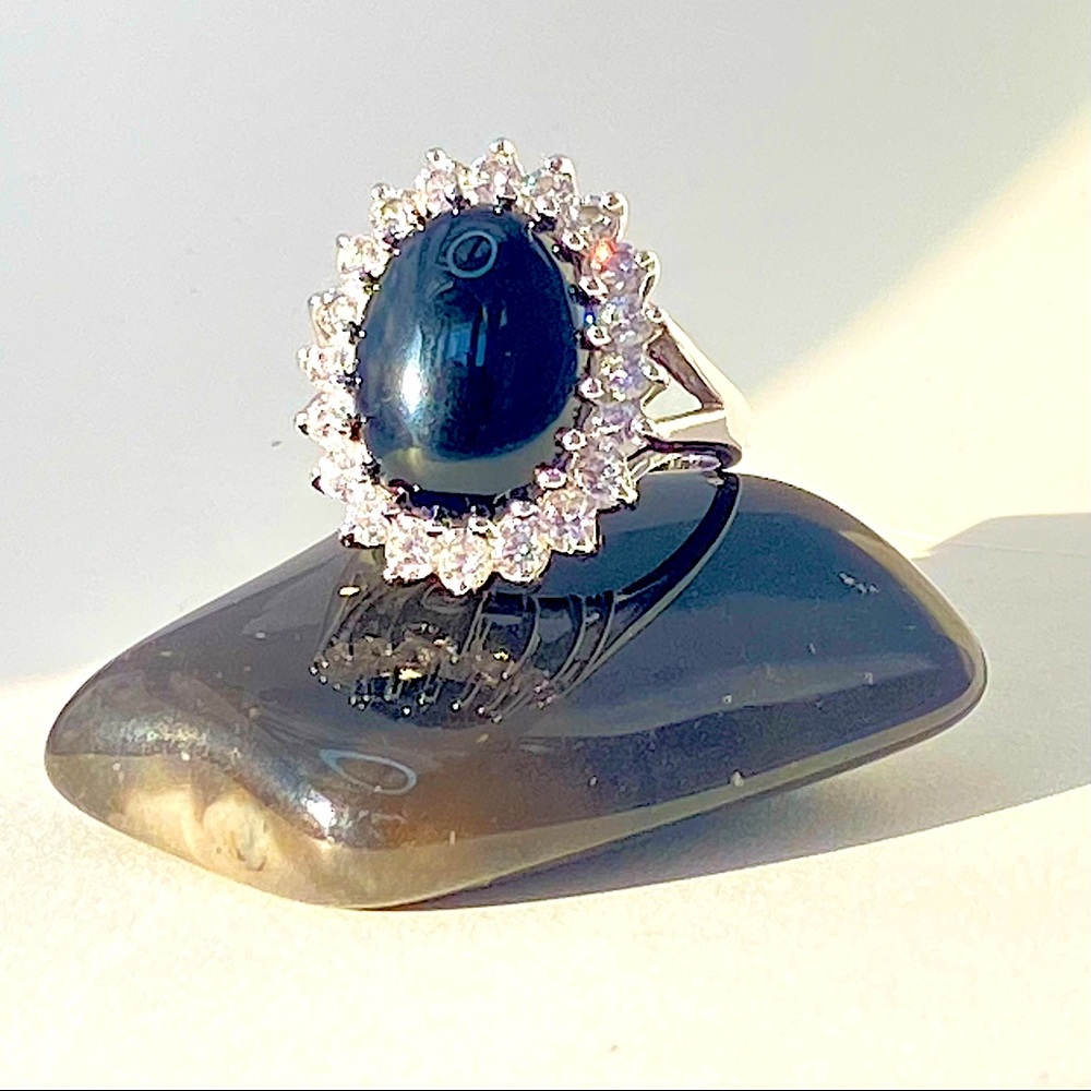 Silver plated and black glass and cubic zirconia ring. Size 8.5.